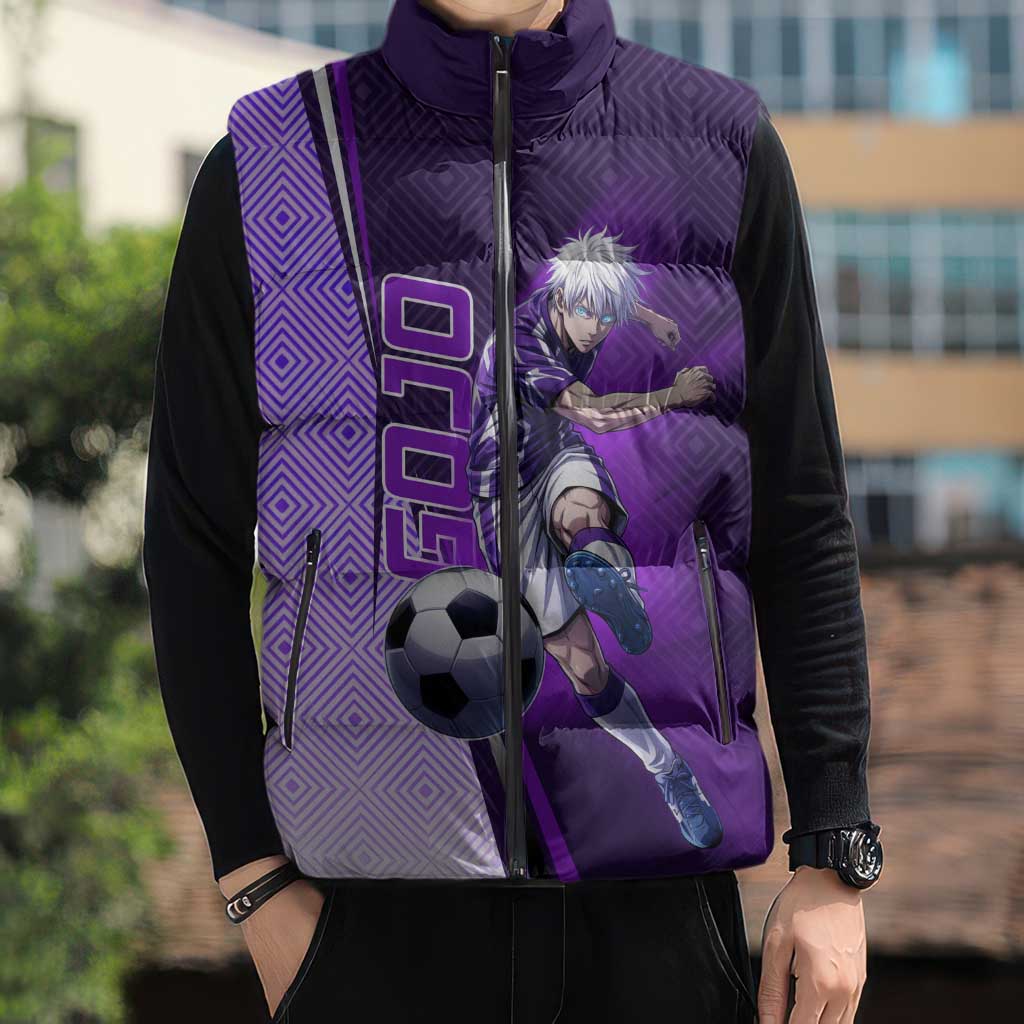 Personalized Gojo Satoru Jujutsu Kaisen Soccer Theme Sleeveless Puffer Jacket with Kicking Pose and Purple Gradient Geometric Graphic Design - The Mazicc