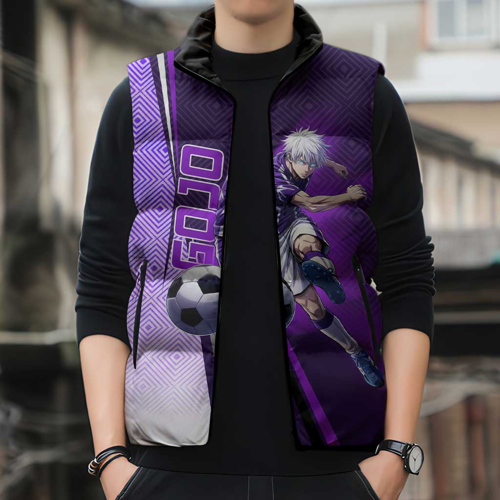 Personalized Gojo Satoru Jujutsu Kaisen Soccer Theme Sleeveless Puffer Jacket with Kicking Pose and Purple Gradient Geometric Graphic Design - The Mazicc
