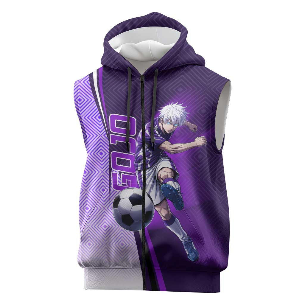 Personalized Gojo Satoru Jujutsu Kaisen Soccer Theme Sleeveless Zip Hoodie with Kicking Pose and Purple Gradient Geometric Graphic Design - The Mazicc