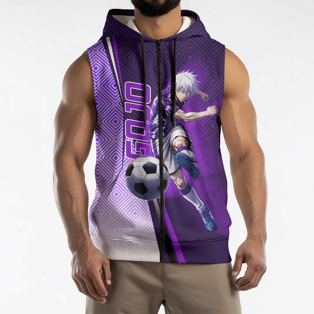 Personalized Gojo Satoru Jujutsu Kaisen Soccer Theme Sleeveless Zip Hoodie with Kicking Pose and Purple Gradient Geometric Graphic Design - The Mazicc
