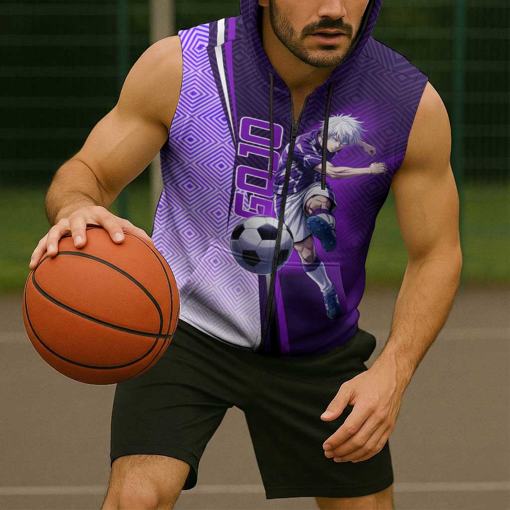 Personalized Gojo Satoru Jujutsu Kaisen Soccer Theme Sleeveless Zip Hoodie with Kicking Pose and Purple Gradient Geometric Graphic Design - The Mazicc