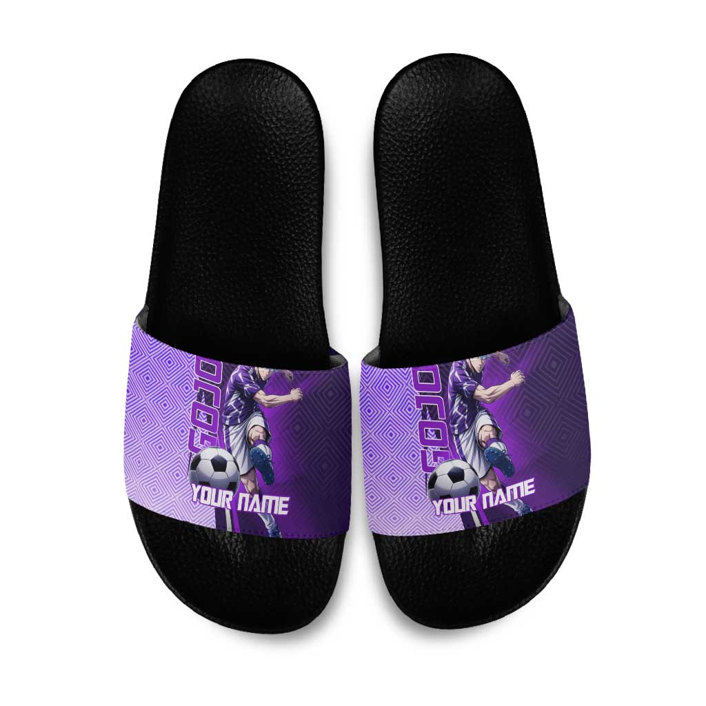 Personalized Gojo Satoru Jujutsu Kaisen Soccer Theme Slide Sandals with Kicking Pose and Purple Gradient Geometric Graphic Design - The Mazicc