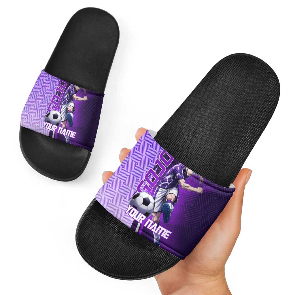 Personalized Gojo Satoru Jujutsu Kaisen Soccer Theme Slide Sandals with Kicking Pose and Purple Gradient Geometric Graphic Design - The Mazicc