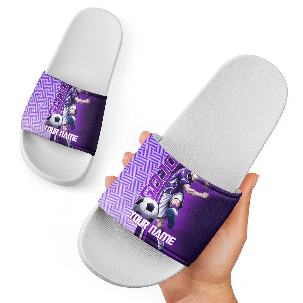 Personalized Gojo Satoru Jujutsu Kaisen Soccer Theme Slide Sandals with Kicking Pose and Purple Gradient Geometric Graphic Design - The Mazicc