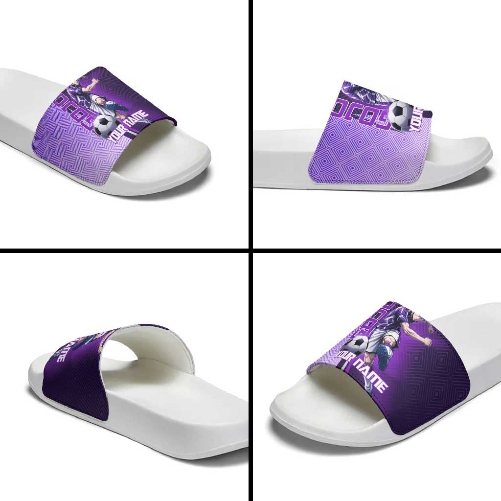 Personalized Gojo Satoru Jujutsu Kaisen Soccer Theme Slide Sandals with Kicking Pose and Purple Gradient Geometric Graphic Design - The Mazicc