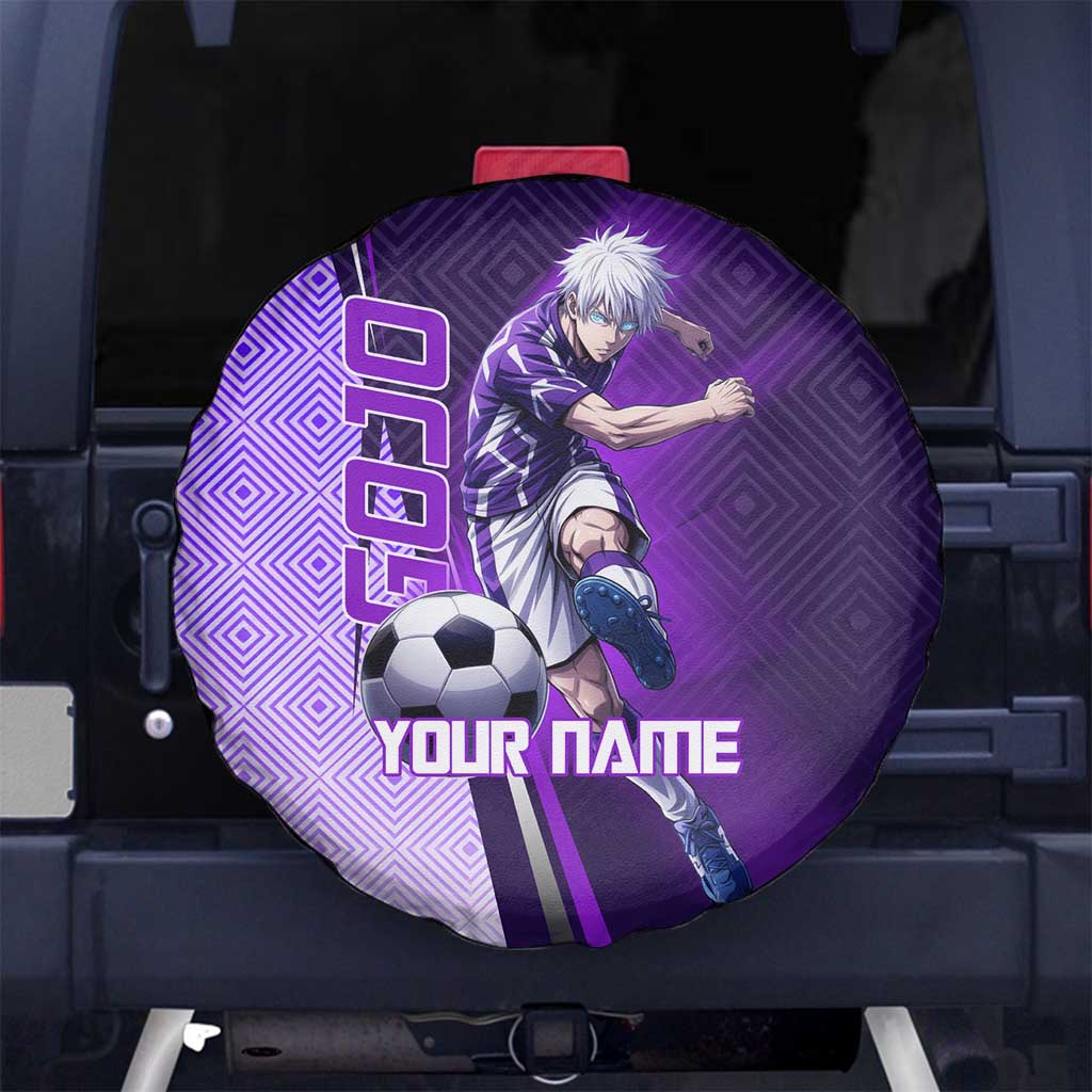 Personalized Gojo Satoru Jujutsu Kaisen Soccer Theme Spare Tire Cover with Kicking Pose and Purple Gradient Geometric Graphic Design - The Mazicc