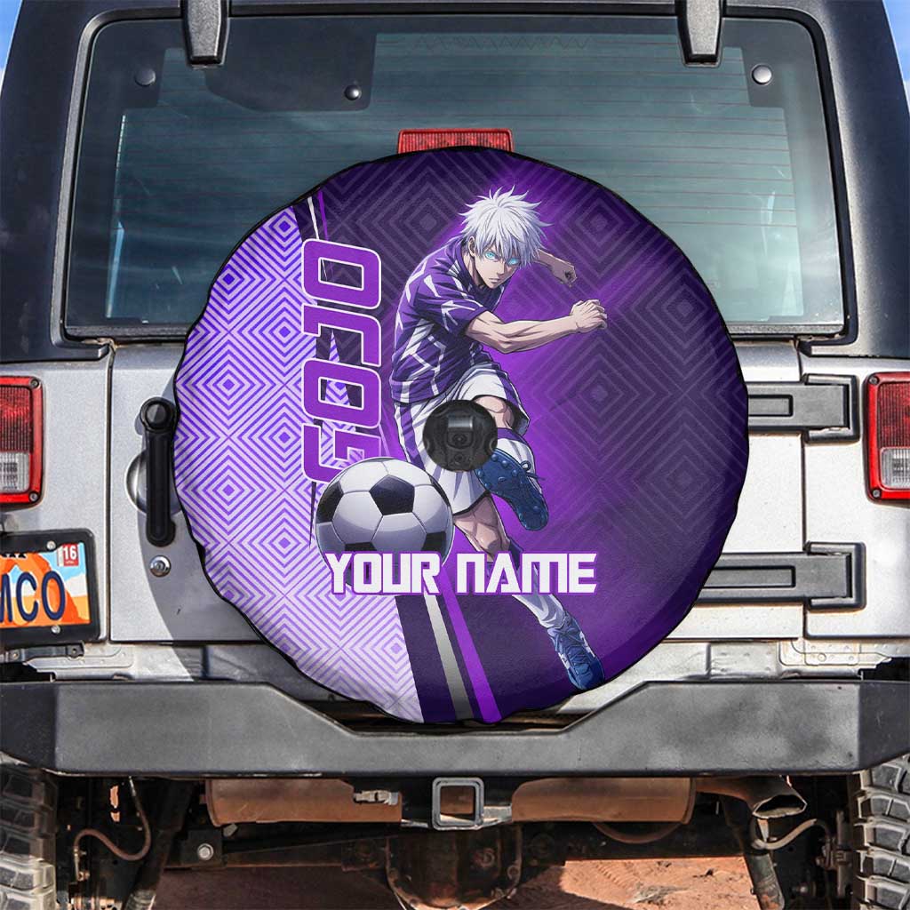 Personalized Gojo Satoru Jujutsu Kaisen Soccer Theme Spare Tire Cover with Kicking Pose and Purple Gradient Geometric Graphic Design - The Mazicc