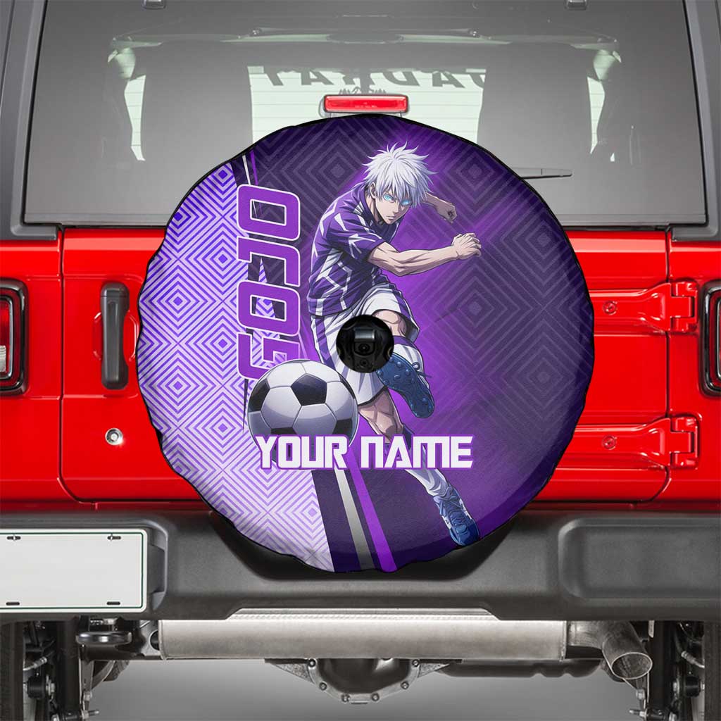 Personalized Gojo Satoru Jujutsu Kaisen Soccer Theme Spare Tire Cover with Kicking Pose and Purple Gradient Geometric Graphic Design - The Mazicc