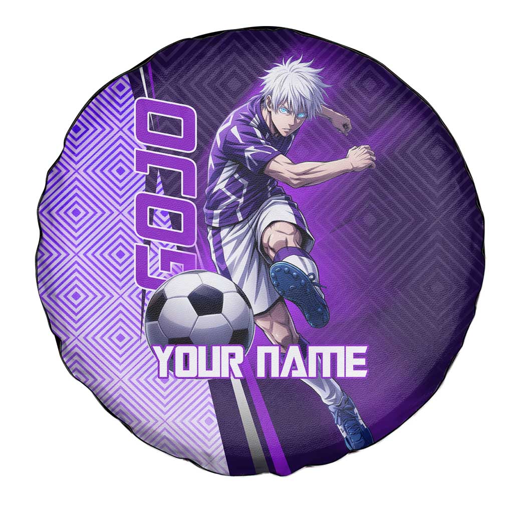 Personalized Gojo Satoru Jujutsu Kaisen Soccer Theme Spare Tire Cover with Kicking Pose and Purple Gradient Geometric Graphic Design - The Mazicc