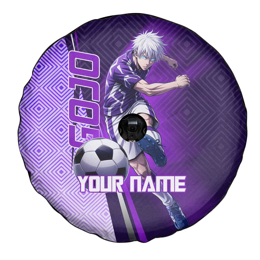 Personalized Gojo Satoru Jujutsu Kaisen Soccer Theme Spare Tire Cover with Kicking Pose and Purple Gradient Geometric Graphic Design - The Mazicc