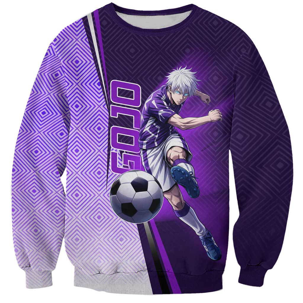 Personalized Gojo Satoru Jujutsu Kaisen Soccer Theme Sweatshirt with Kicking Pose and Purple Gradient Geometric Graphic Design - The Mazicc
