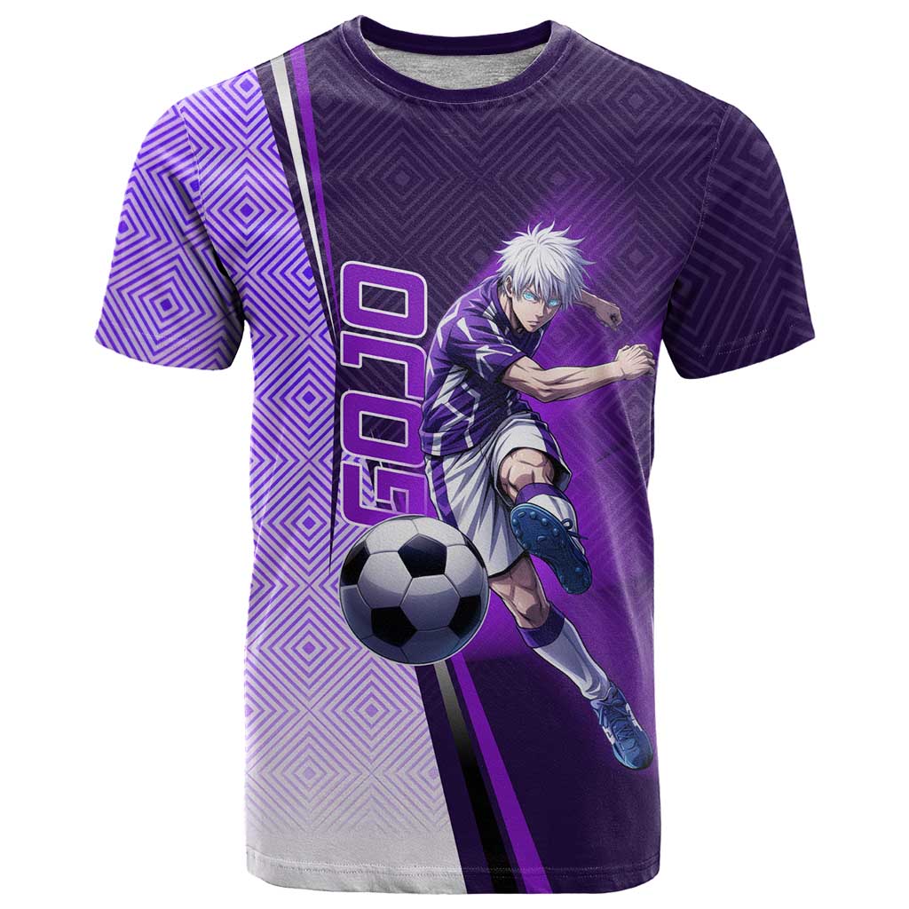 Personalized Gojo Satoru Jujutsu Kaisen Soccer Theme T Shirt with Kicking Pose and Purple Gradient Geometric Graphic Design - The Mazicc