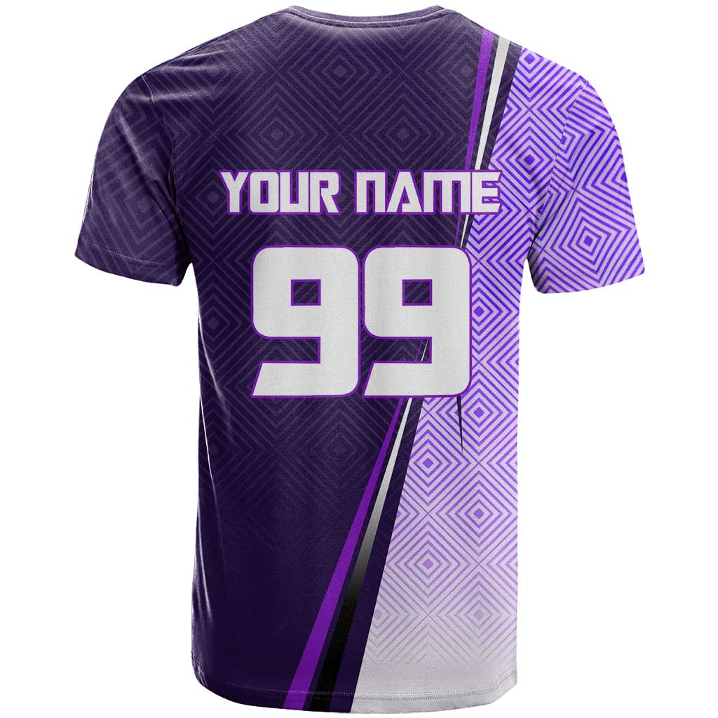 Personalized Gojo Satoru Jujutsu Kaisen Soccer Theme T Shirt with Kicking Pose and Purple Gradient Geometric Graphic Design - The Mazicc