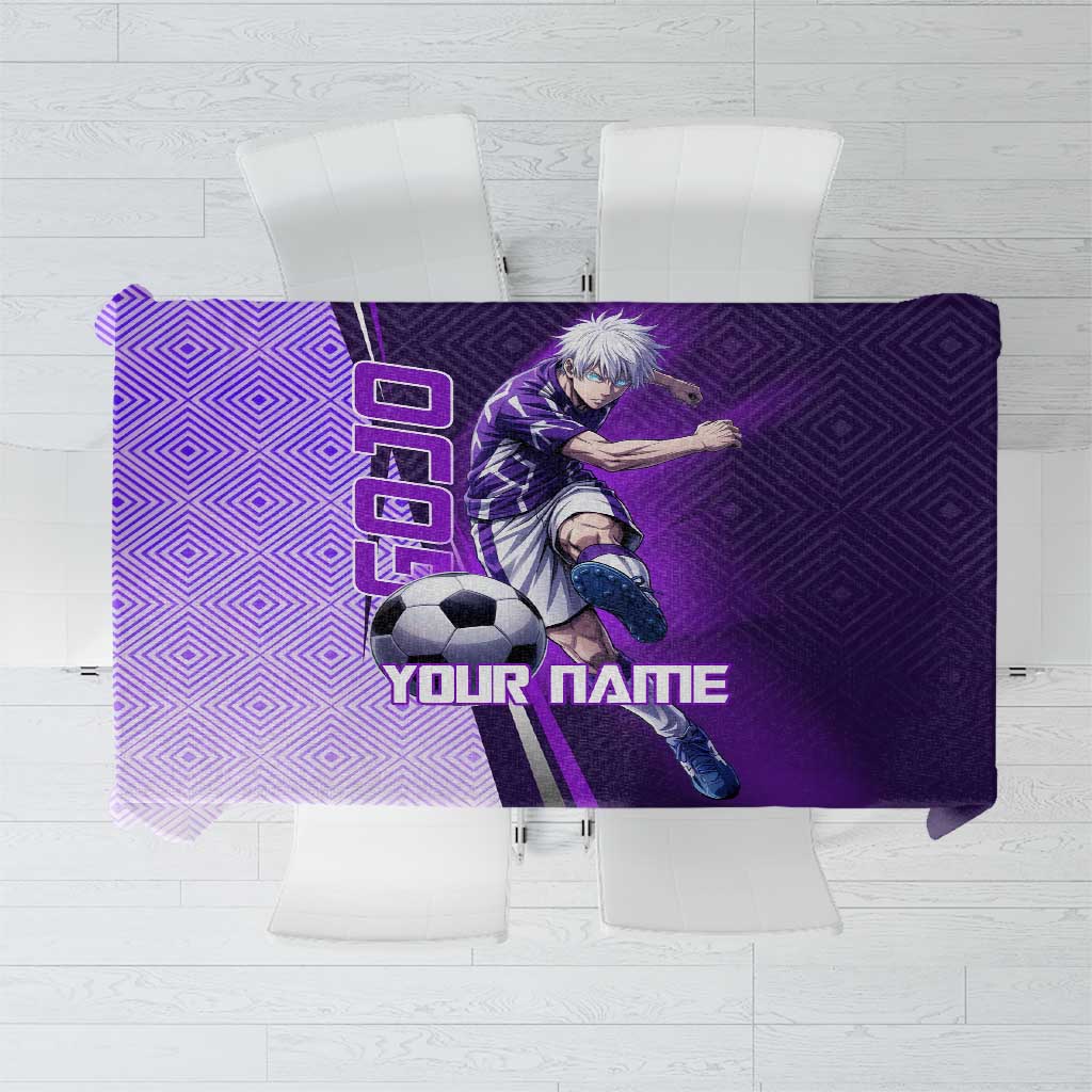 Personalized Gojo Satoru Jujutsu Kaisen Soccer Theme Tablecloth with Kicking Pose and Purple Gradient Geometric Graphic Design - The Mazicc