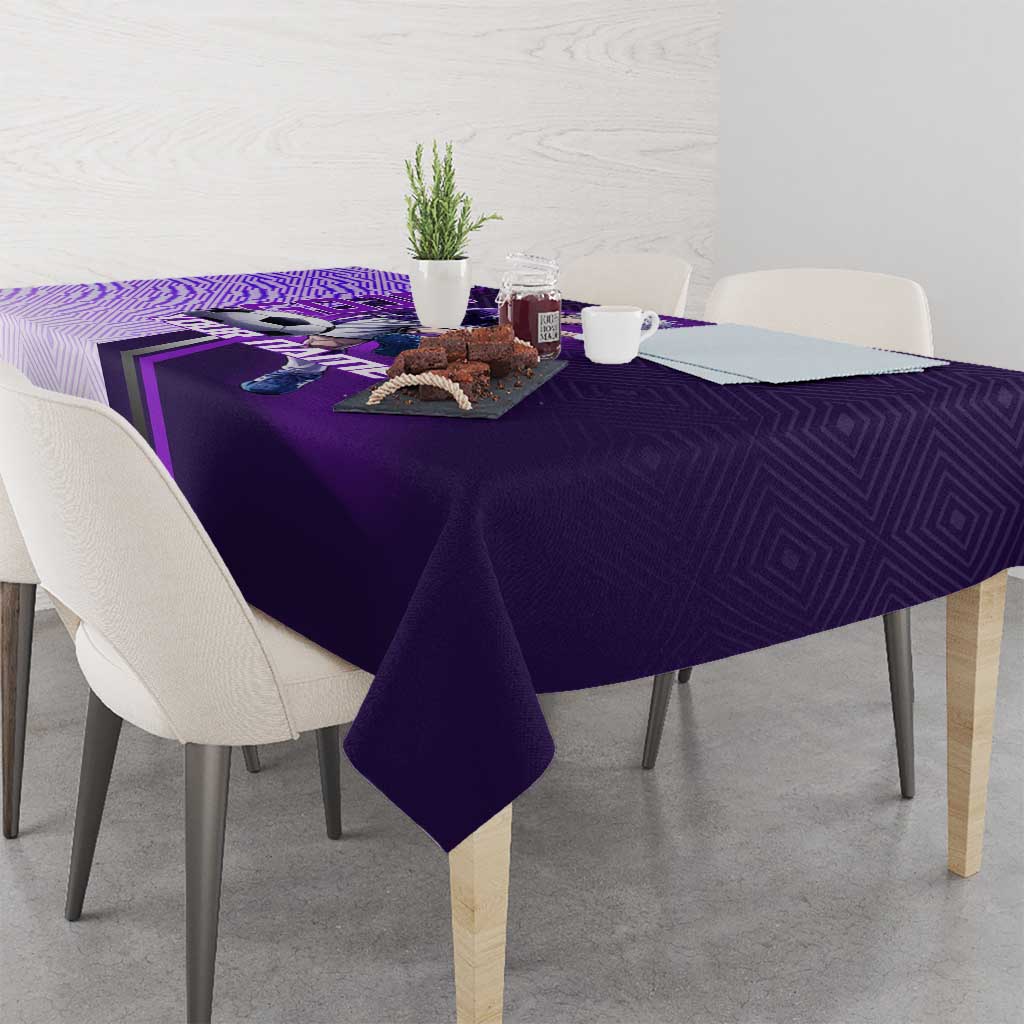 Personalized Gojo Satoru Jujutsu Kaisen Soccer Theme Tablecloth with Kicking Pose and Purple Gradient Geometric Graphic Design - The Mazicc