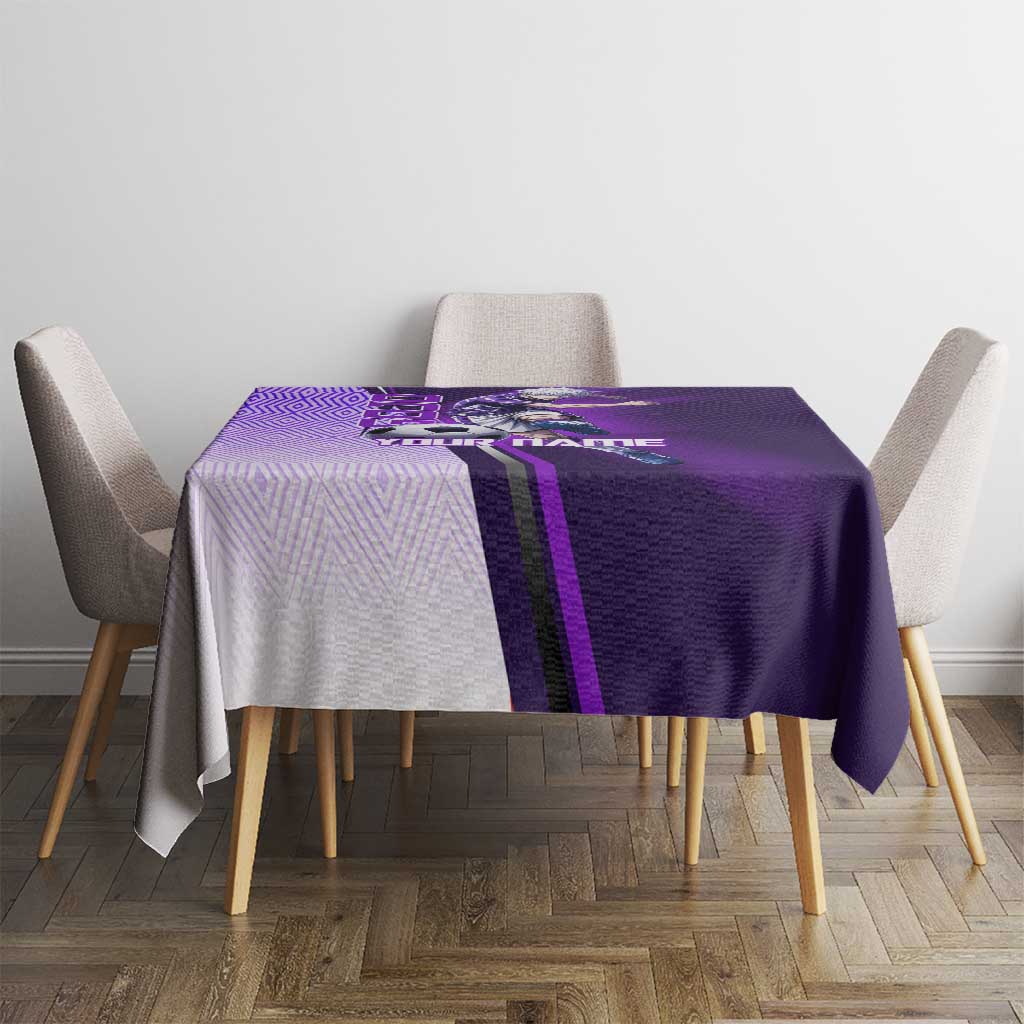 Personalized Gojo Satoru Jujutsu Kaisen Soccer Theme Tablecloth with Kicking Pose and Purple Gradient Geometric Graphic Design - The Mazicc