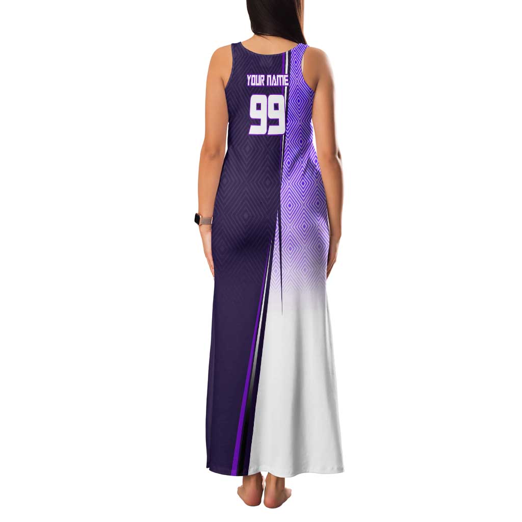 Personalized Gojo Satoru Jujutsu Kaisen Soccer Theme Tank Maxi Dress with Kicking Pose and Purple Gradient Geometric Graphic Design - The Mazicc