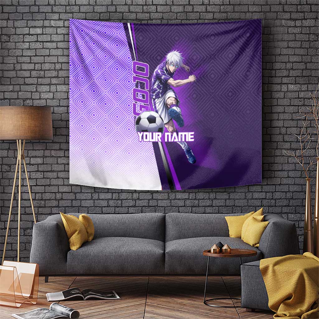 Personalized Gojo Satoru Jujutsu Kaisen Soccer Theme Tapestry with Kicking Pose and Purple Gradient Geometric Graphic Design - The Mazicc