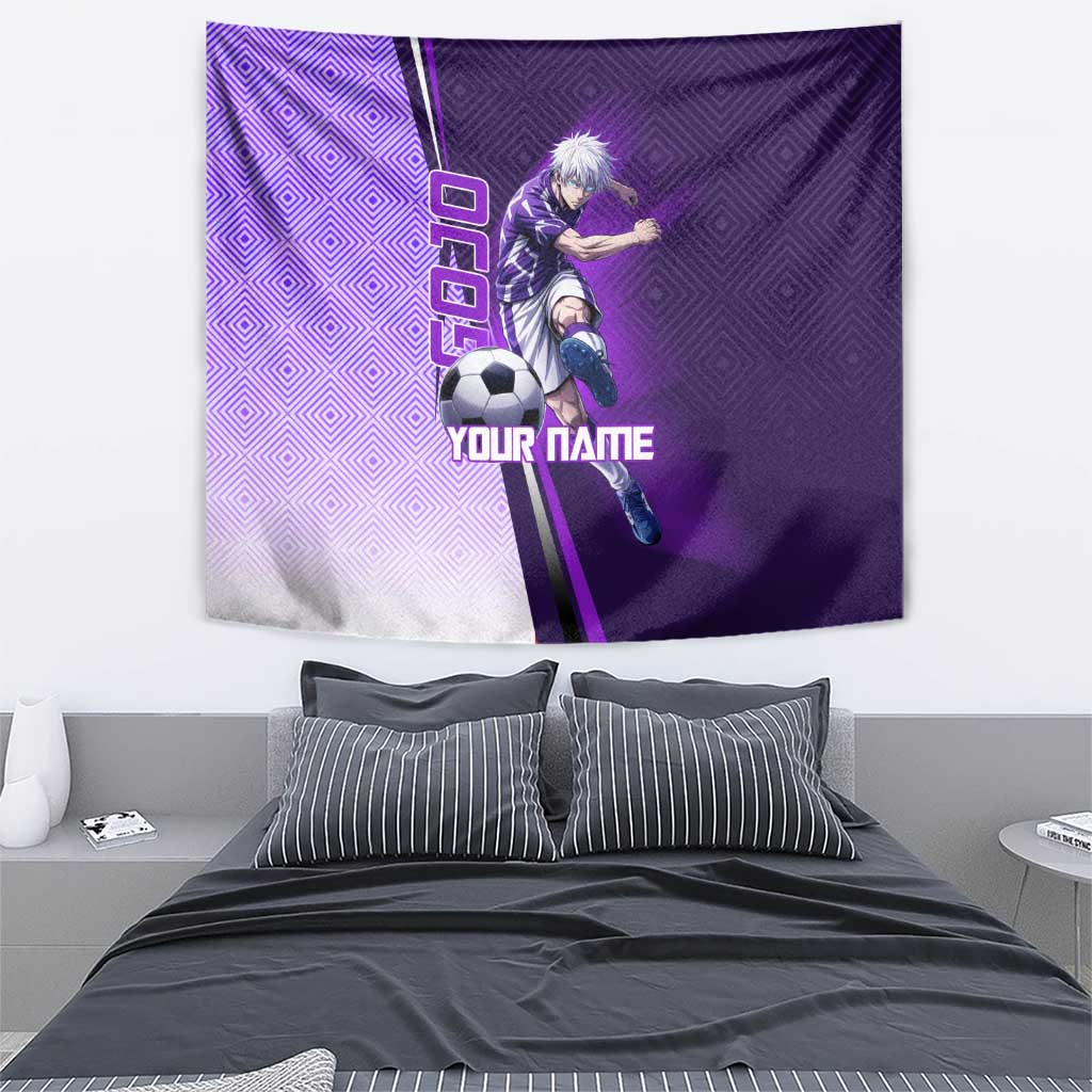 Personalized Gojo Satoru Jujutsu Kaisen Soccer Theme Tapestry with Kicking Pose and Purple Gradient Geometric Graphic Design - The Mazicc