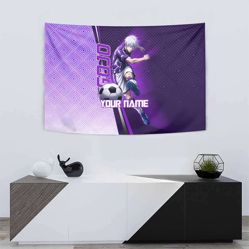 Personalized Gojo Satoru Jujutsu Kaisen Soccer Theme Tapestry with Kicking Pose and Purple Gradient Geometric Graphic Design - The Mazicc