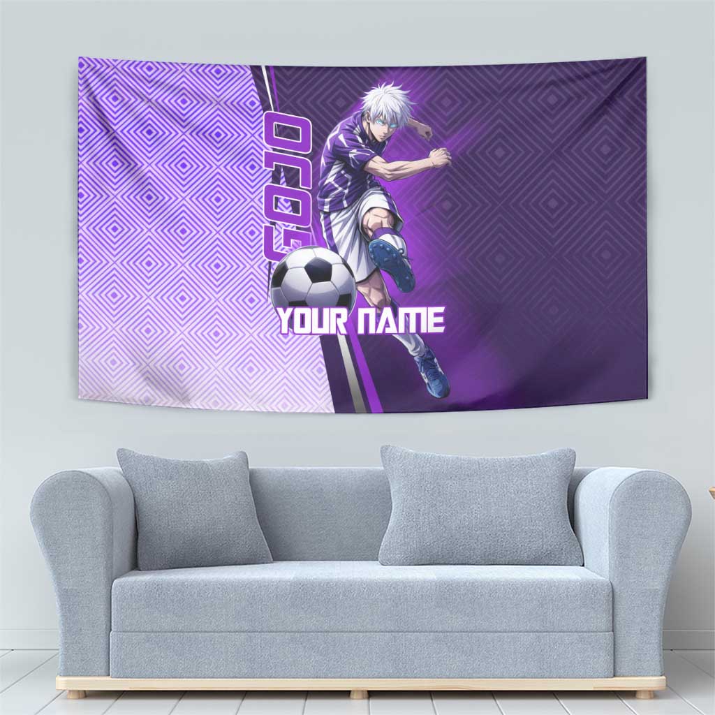 Personalized Gojo Satoru Jujutsu Kaisen Soccer Theme Tapestry with Kicking Pose and Purple Gradient Geometric Graphic Design - The Mazicc
