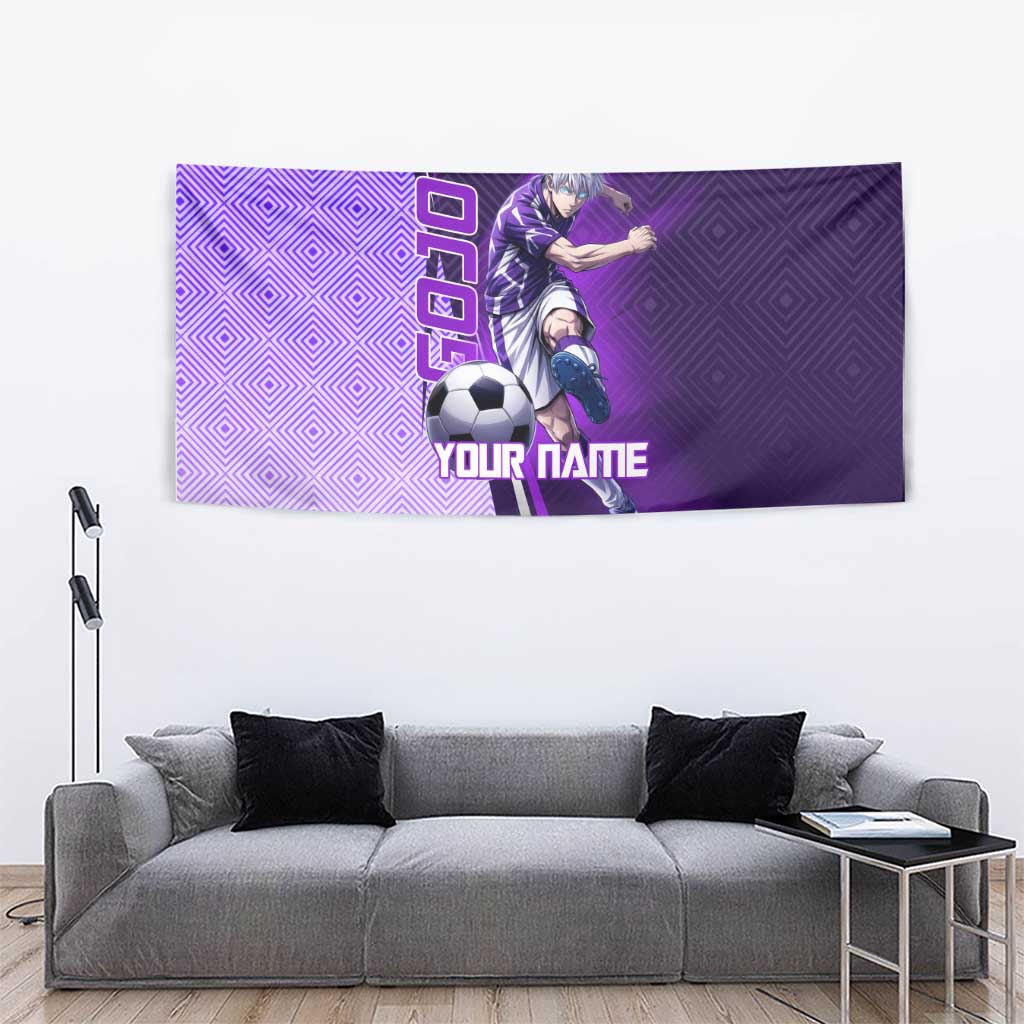 Personalized Gojo Satoru Jujutsu Kaisen Soccer Theme Tapestry with Kicking Pose and Purple Gradient Geometric Graphic Design - The Mazicc