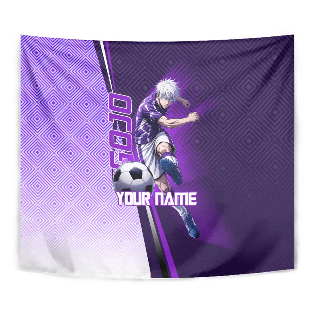 Personalized Gojo Satoru Jujutsu Kaisen Soccer Theme Tapestry with Kicking Pose and Purple Gradient Geometric Graphic Design - The Mazicc
