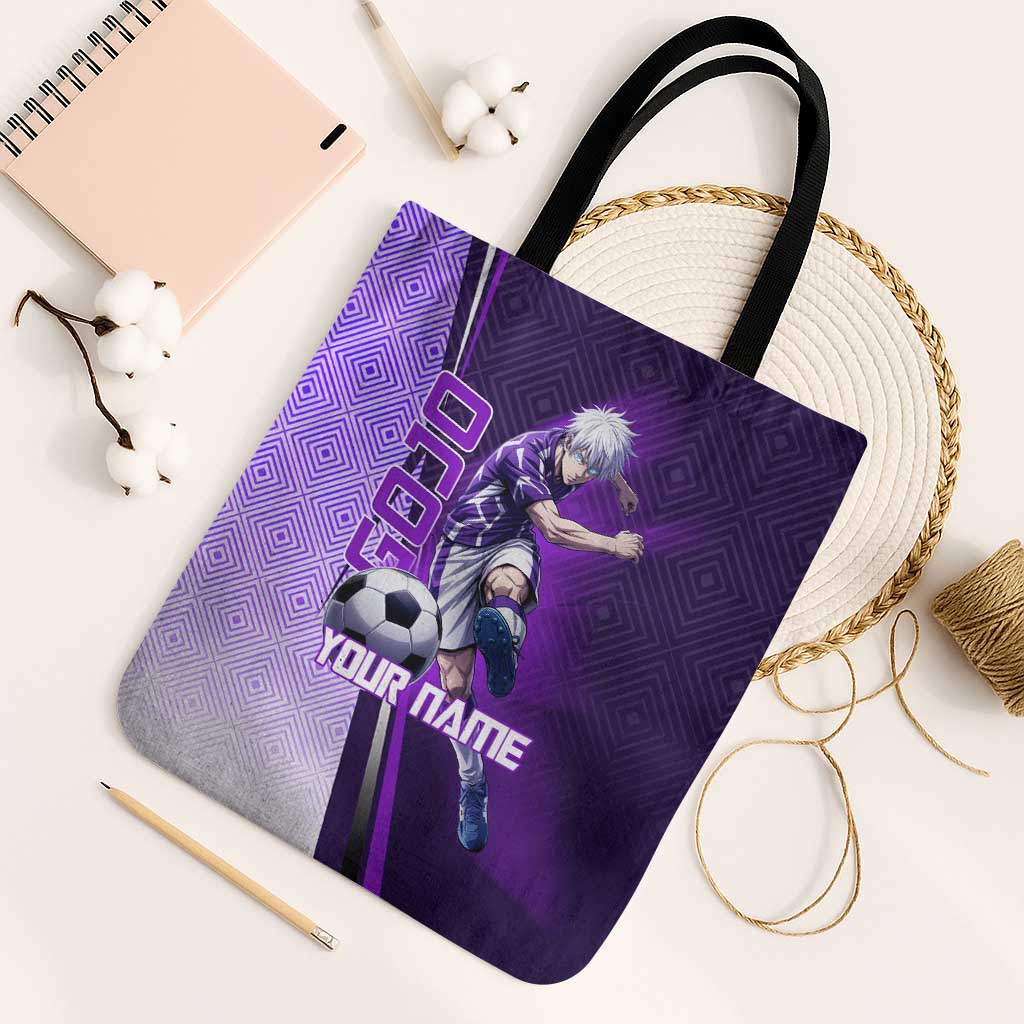 Personalized Gojo Satoru Jujutsu Kaisen Soccer Theme Tote Bag with Kicking Pose and Purple Gradient Geometric Graphic Design - The Mazicc