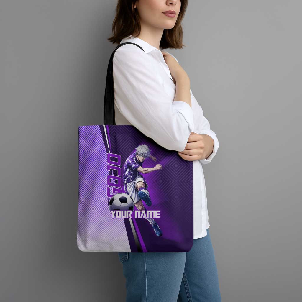 Personalized Gojo Satoru Jujutsu Kaisen Soccer Theme Tote Bag with Kicking Pose and Purple Gradient Geometric Graphic Design - The Mazicc