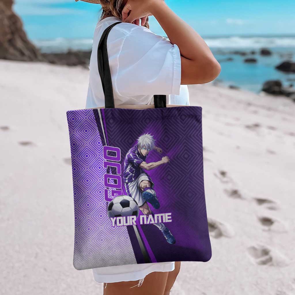 Personalized Gojo Satoru Jujutsu Kaisen Soccer Theme Tote Bag with Kicking Pose and Purple Gradient Geometric Graphic Design - The Mazicc