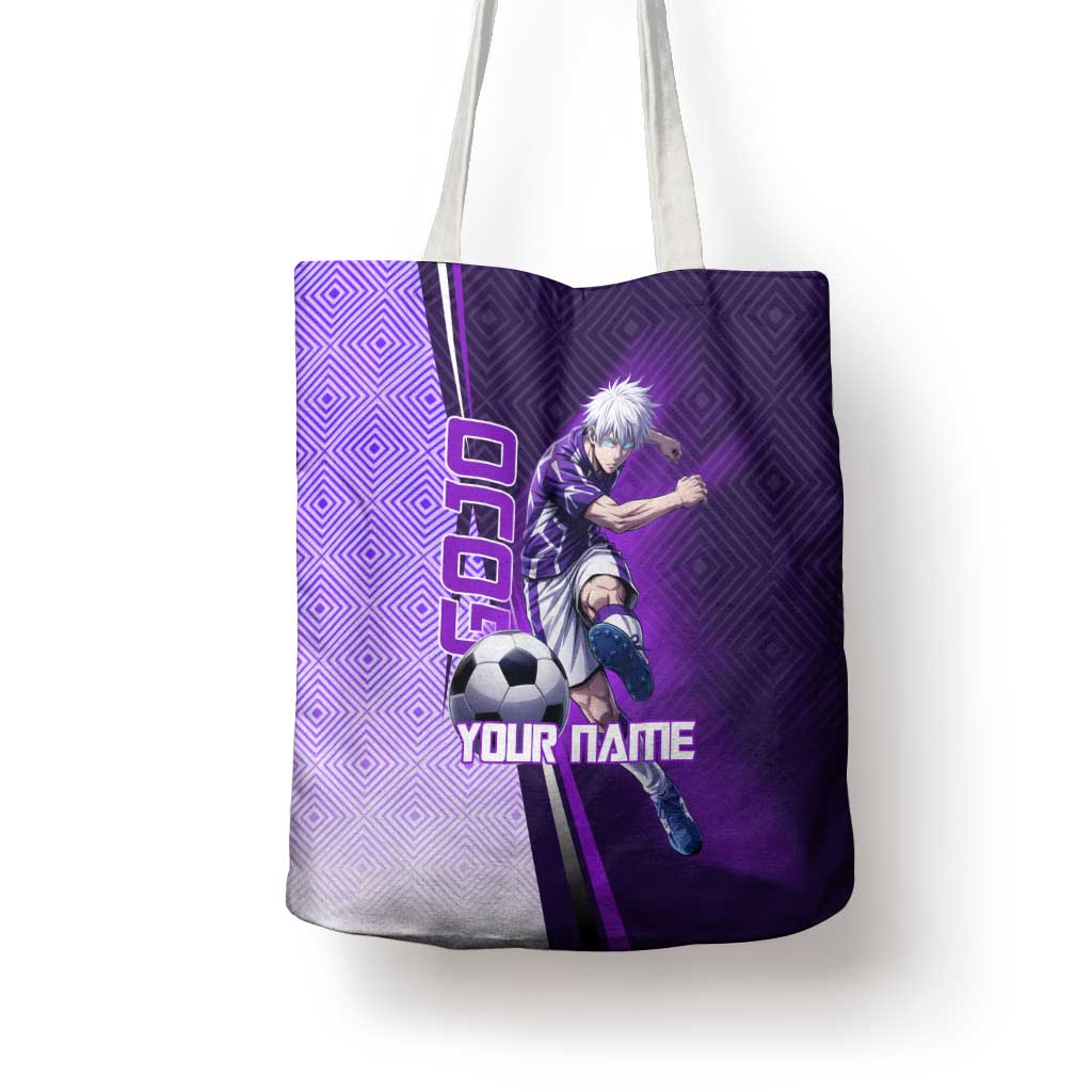 Personalized Gojo Satoru Jujutsu Kaisen Soccer Theme Tote Bag with Kicking Pose and Purple Gradient Geometric Graphic Design - The Mazicc