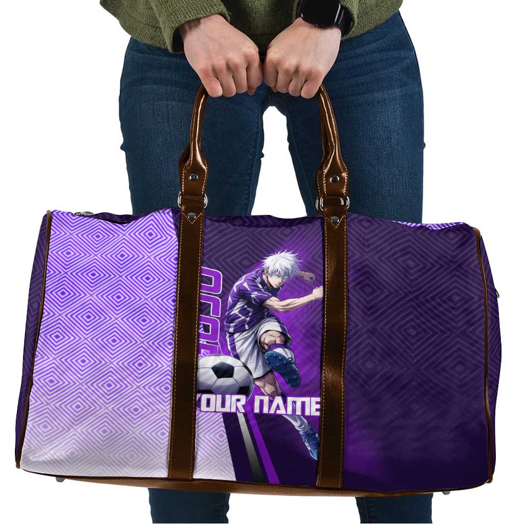 Personalized Gojo Satoru Jujutsu Kaisen Soccer Theme Travel Bag with Kicking Pose and Purple Gradient Geometric Graphic Design - The Mazicc