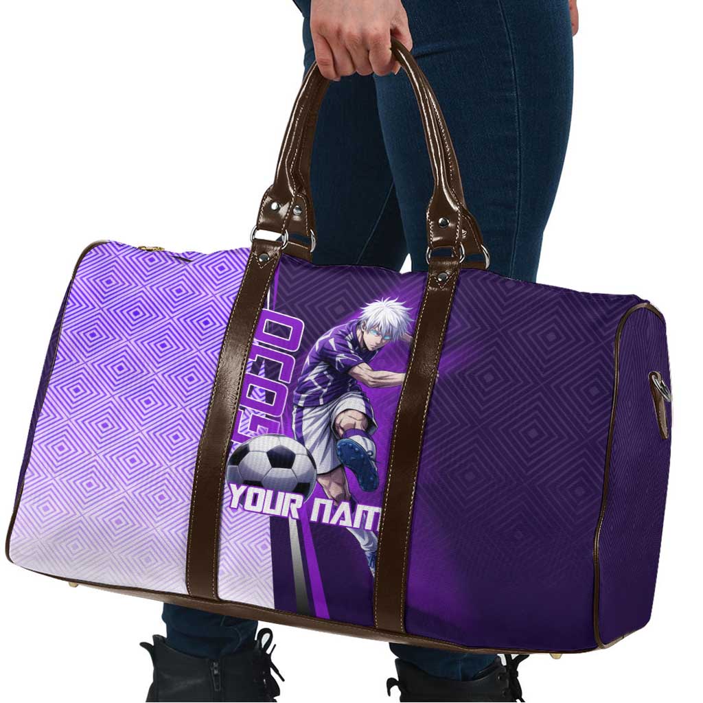 Personalized Gojo Satoru Jujutsu Kaisen Soccer Theme Travel Bag with Kicking Pose and Purple Gradient Geometric Graphic Design - The Mazicc