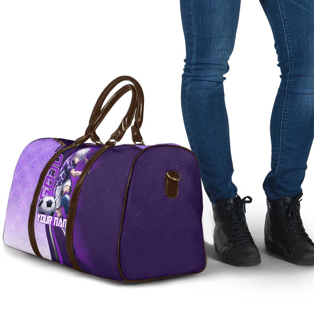 Personalized Gojo Satoru Jujutsu Kaisen Soccer Theme Travel Bag with Kicking Pose and Purple Gradient Geometric Graphic Design - The Mazicc