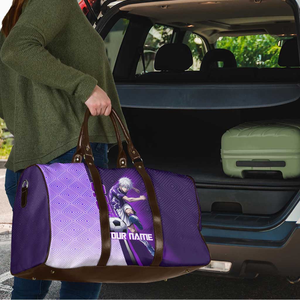 Personalized Gojo Satoru Jujutsu Kaisen Soccer Theme Travel Bag with Kicking Pose and Purple Gradient Geometric Graphic Design - The Mazicc