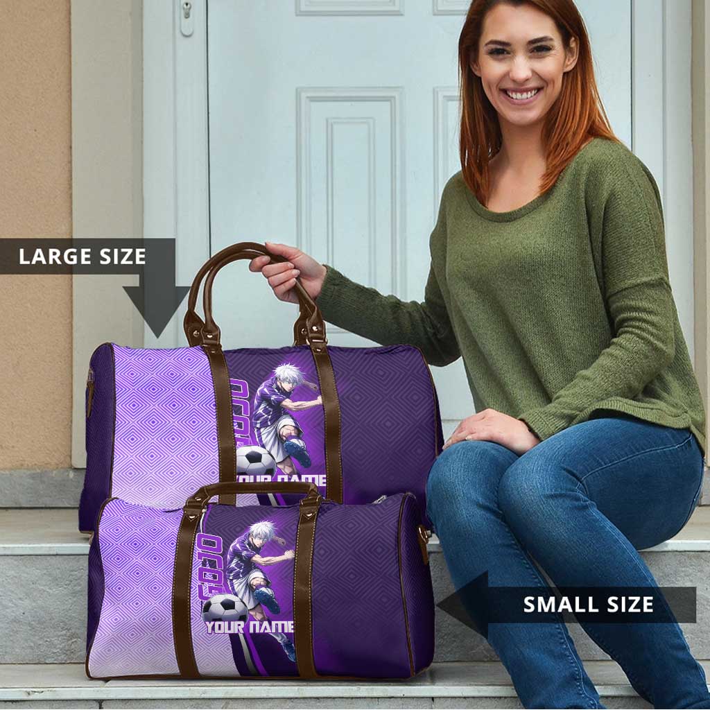 Personalized Gojo Satoru Jujutsu Kaisen Soccer Theme Travel Bag with Kicking Pose and Purple Gradient Geometric Graphic Design - The Mazicc