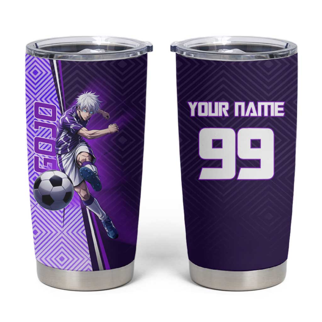 Personalized Gojo Satoru Jujutsu Kaisen Soccer Theme Tumbler Cup with Kicking Pose and Purple Gradient Geometric Graphic Design - The Mazicc