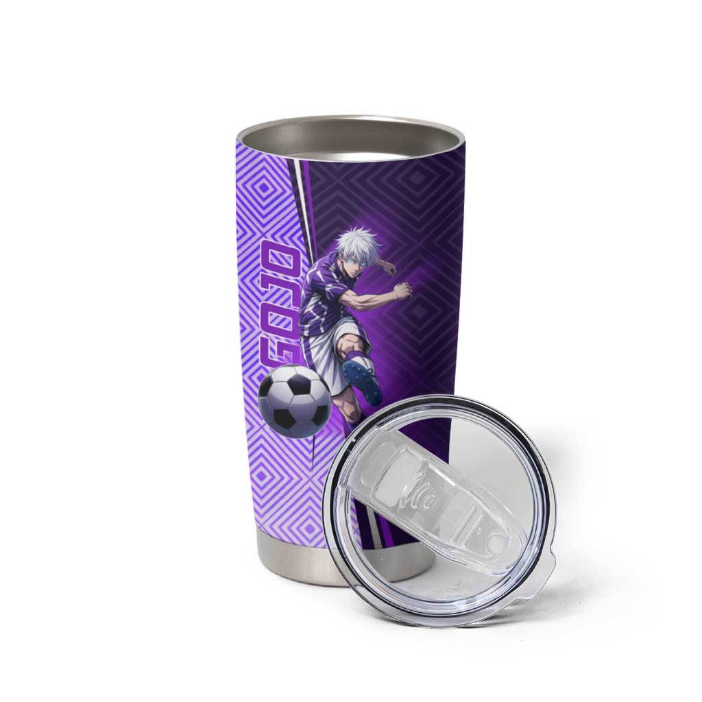 Personalized Gojo Satoru Jujutsu Kaisen Soccer Theme Tumbler Cup with Kicking Pose and Purple Gradient Geometric Graphic Design - The Mazicc
