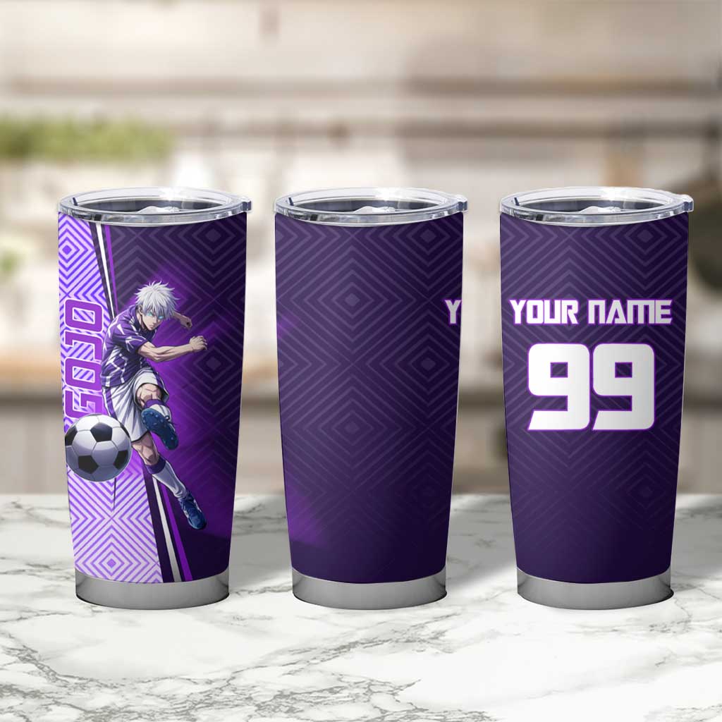 Personalized Gojo Satoru Jujutsu Kaisen Soccer Theme Tumbler Cup with Kicking Pose and Purple Gradient Geometric Graphic Design - The Mazicc