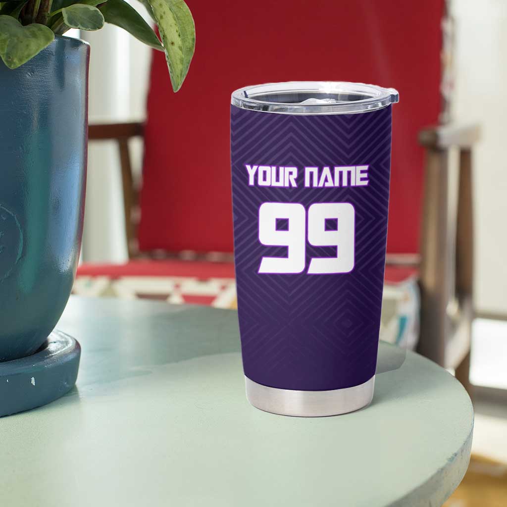 Personalized Gojo Satoru Jujutsu Kaisen Soccer Theme Tumbler Cup with Kicking Pose and Purple Gradient Geometric Graphic Design - The Mazicc