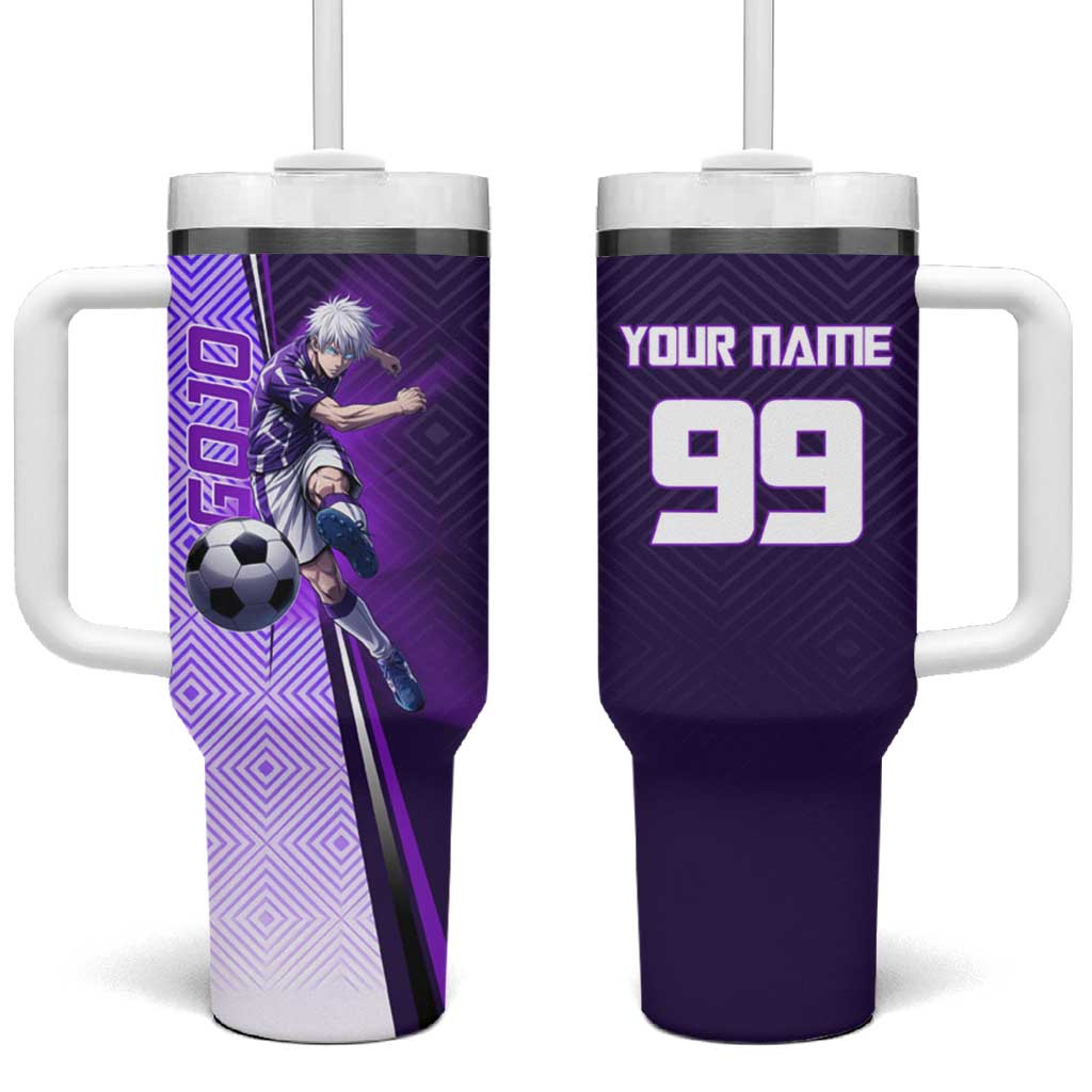 Personalized Gojo Satoru Jujutsu Kaisen Soccer Theme Tumbler With Handle with Kicking Pose and Purple Gradient Geometric Graphic Design - The Mazicc