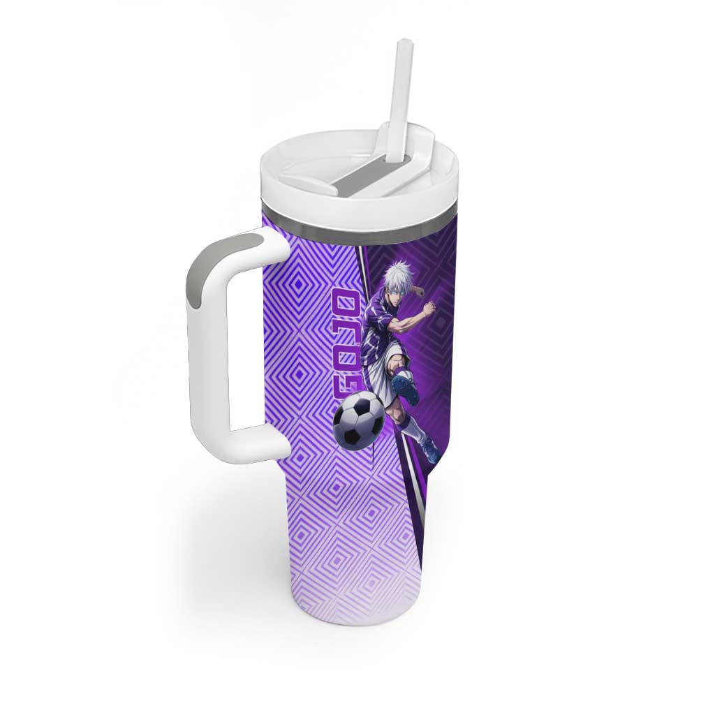 Personalized Gojo Satoru Jujutsu Kaisen Soccer Theme Tumbler With Handle with Kicking Pose and Purple Gradient Geometric Graphic Design - The Mazicc