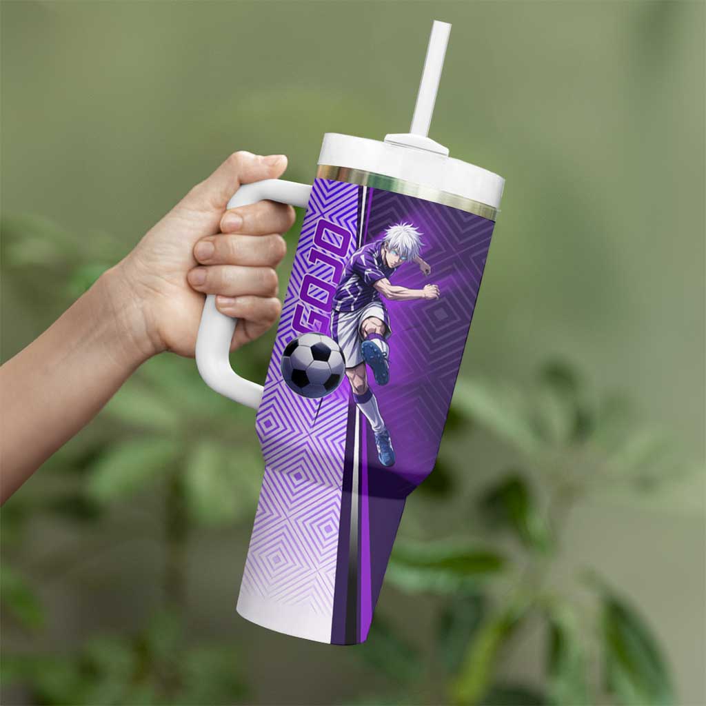 Personalized Gojo Satoru Jujutsu Kaisen Soccer Theme Tumbler With Handle with Kicking Pose and Purple Gradient Geometric Graphic Design - The Mazicc