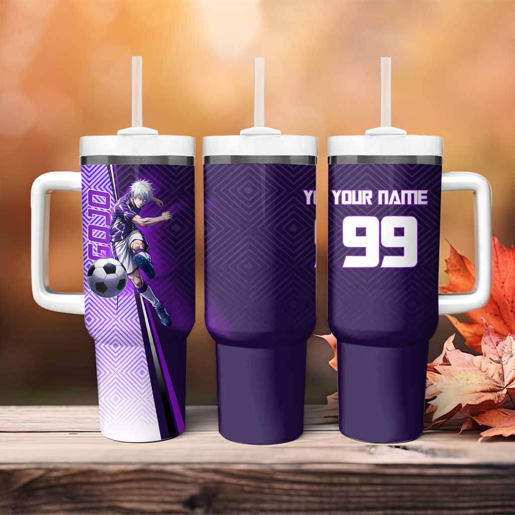 Personalized Gojo Satoru Jujutsu Kaisen Soccer Theme Tumbler With Handle with Kicking Pose and Purple Gradient Geometric Graphic Design - The Mazicc