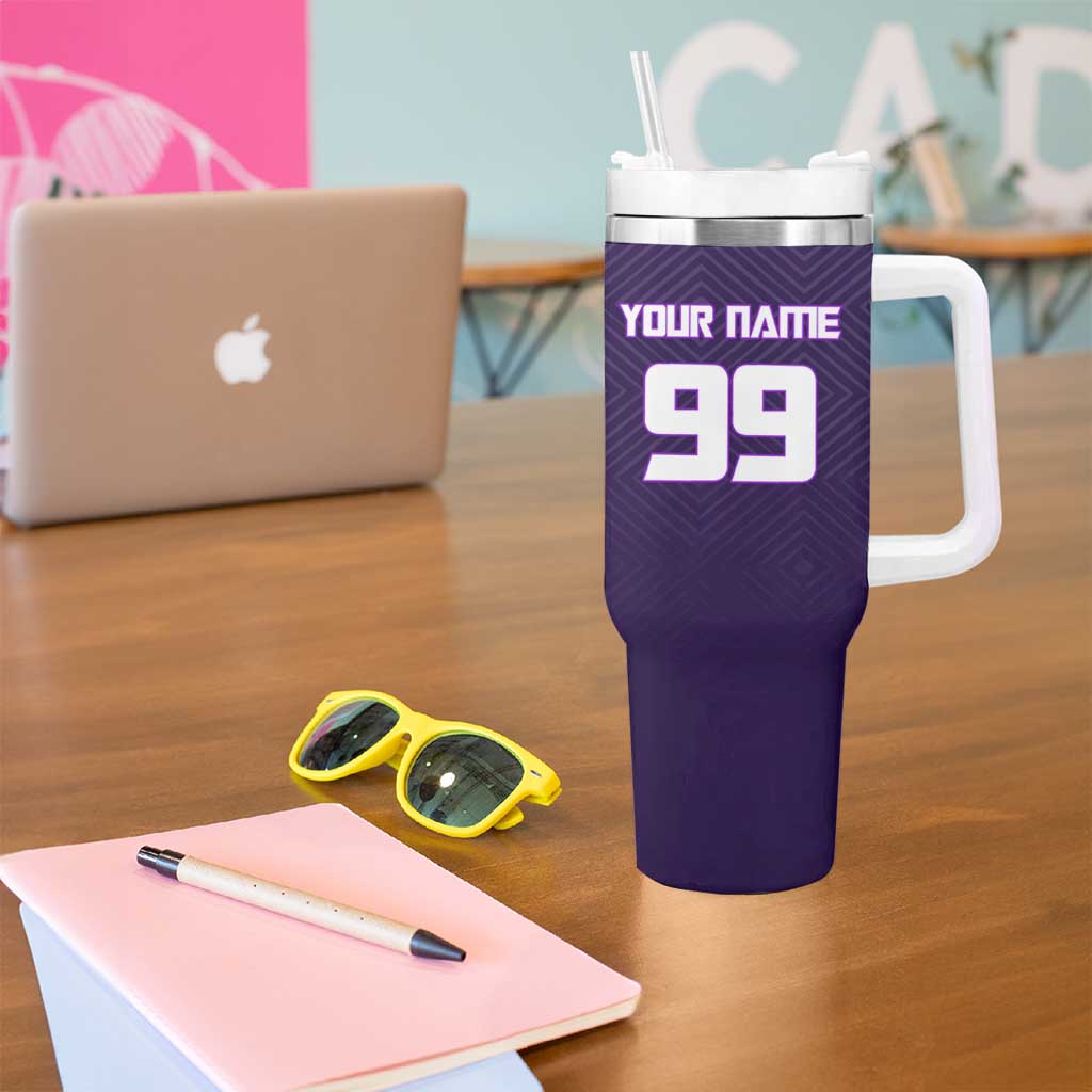 Personalized Gojo Satoru Jujutsu Kaisen Soccer Theme Tumbler With Handle with Kicking Pose and Purple Gradient Geometric Graphic Design - The Mazicc