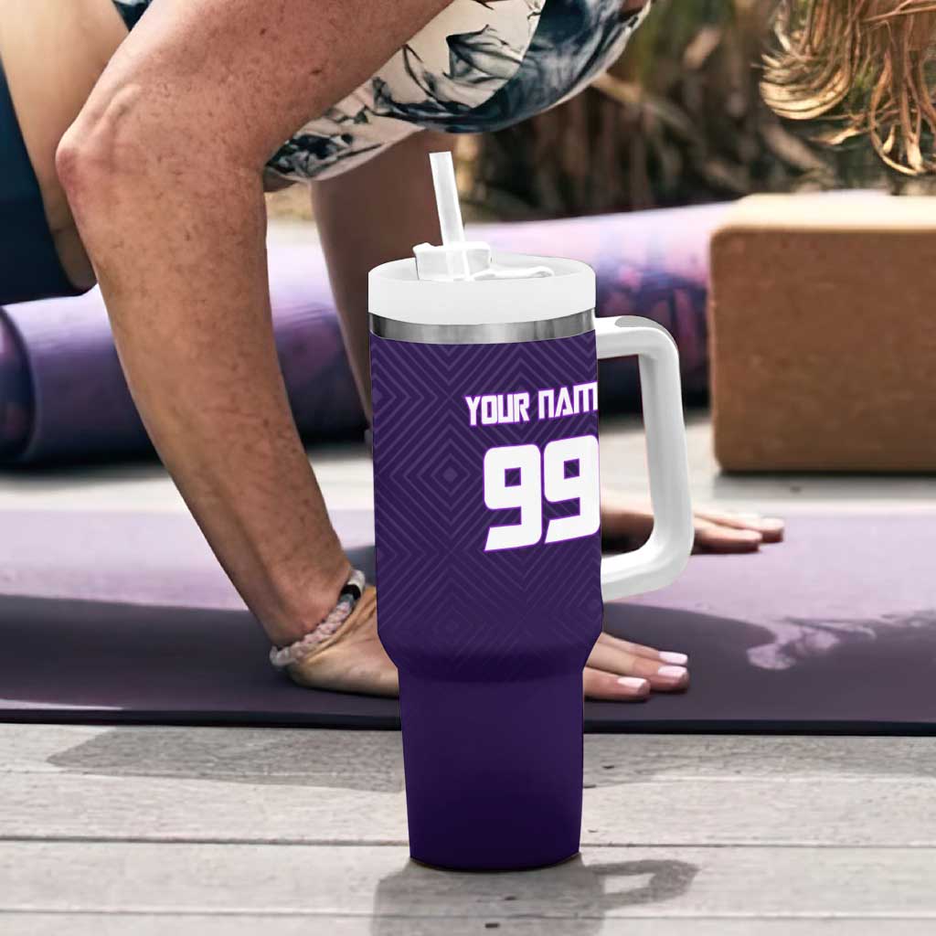Personalized Gojo Satoru Jujutsu Kaisen Soccer Theme Tumbler With Handle with Kicking Pose and Purple Gradient Geometric Graphic Design - The Mazicc
