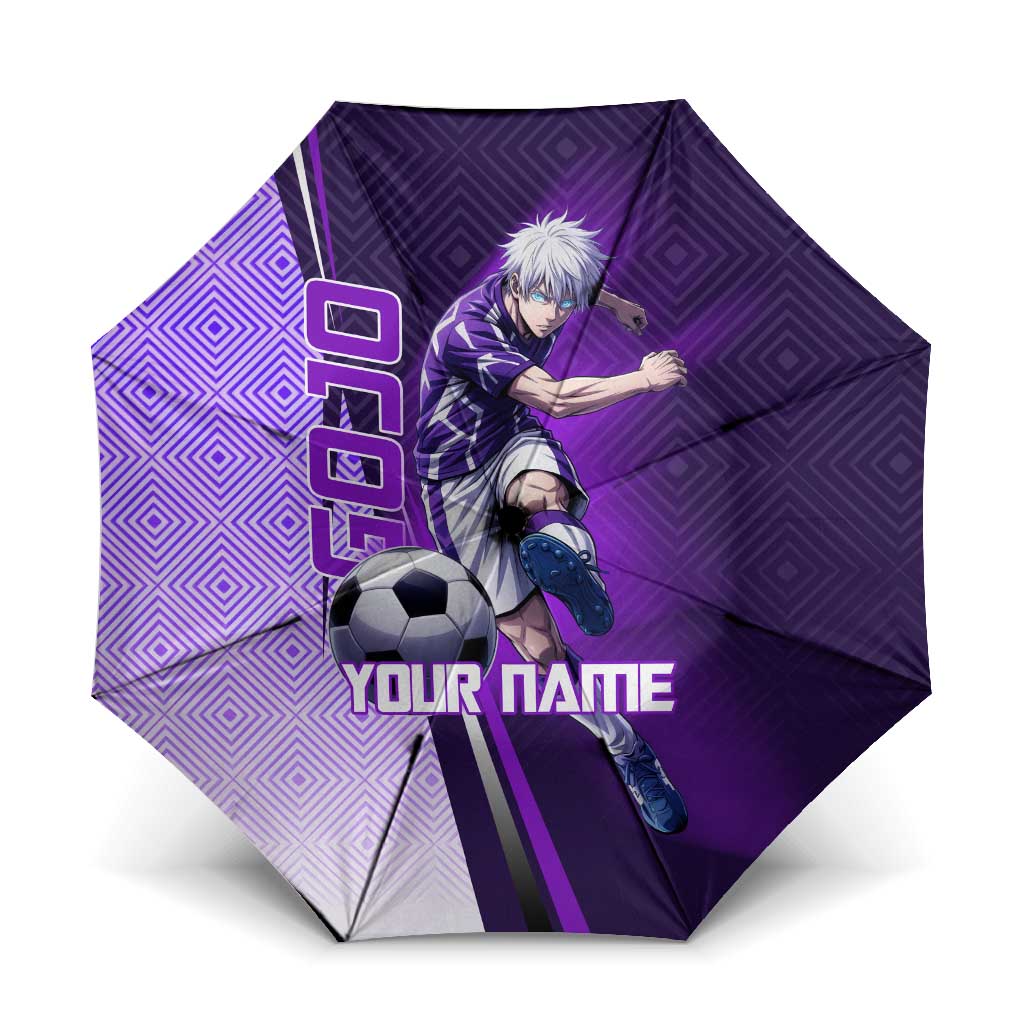 Personalized Gojo Satoru Jujutsu Kaisen Soccer Theme Umbrella with Kicking Pose and Purple Gradient Geometric Graphic Design - The Mazicc