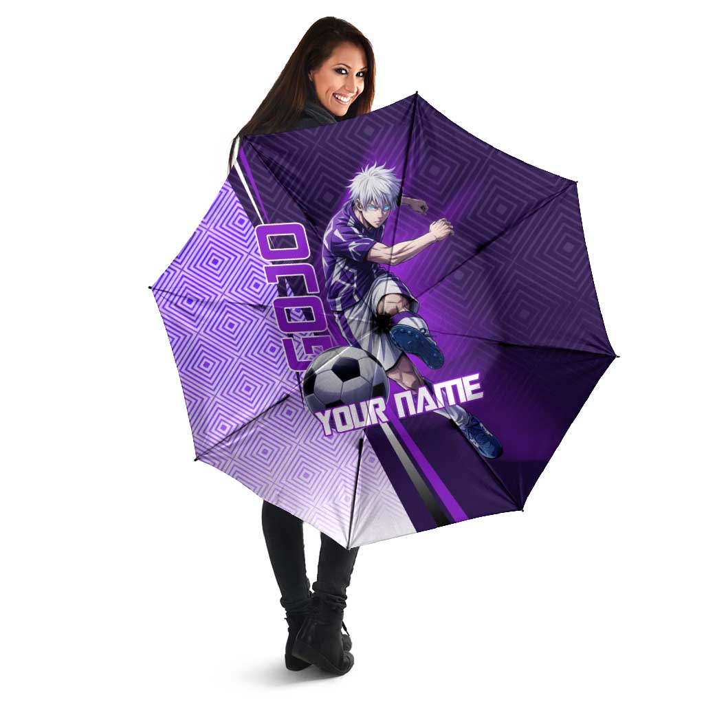 Personalized Gojo Satoru Jujutsu Kaisen Soccer Theme Umbrella with Kicking Pose and Purple Gradient Geometric Graphic Design - The Mazicc