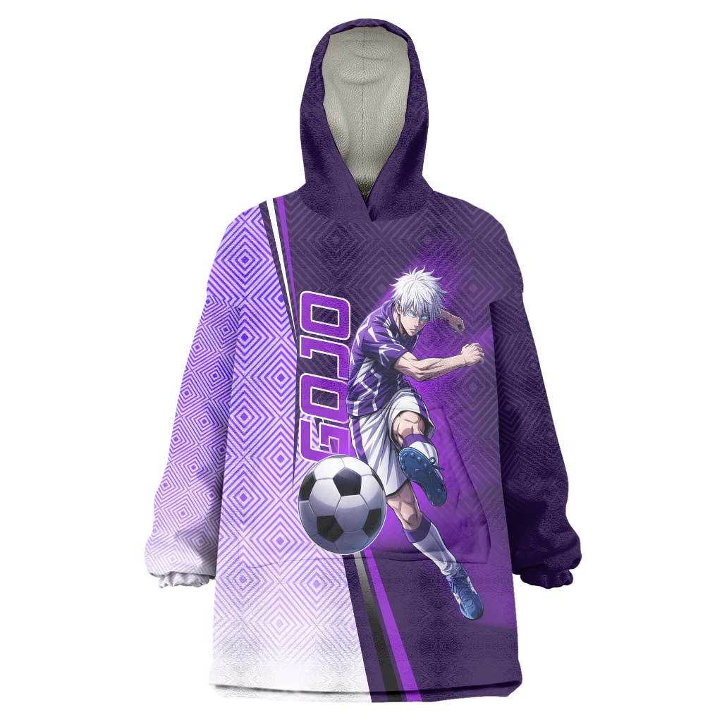 Personalized Gojo Satoru Jujutsu Kaisen Soccer Theme Wearable Blanket Hoodie with Kicking Pose and Purple Gradient Geometric Graphic Design - The Mazicc