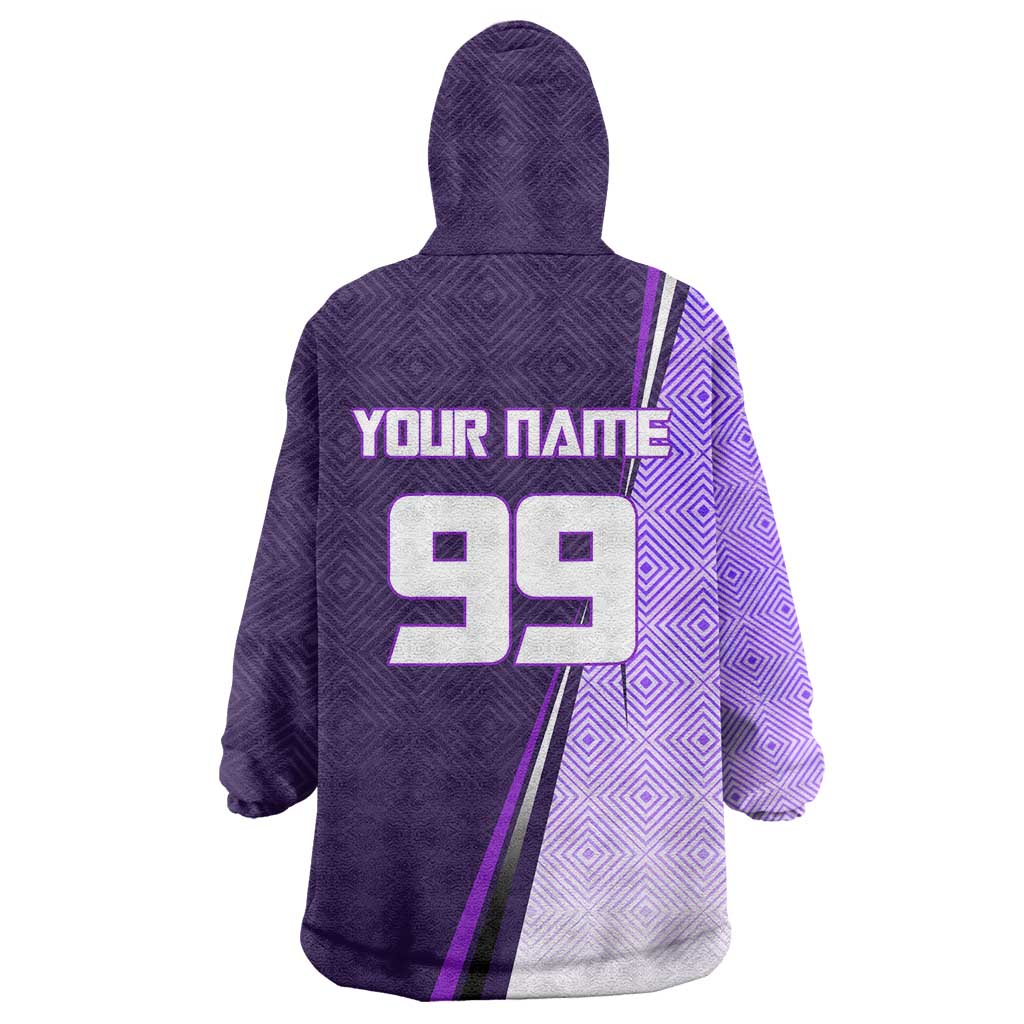 Personalized Gojo Satoru Jujutsu Kaisen Soccer Theme Wearable Blanket Hoodie with Kicking Pose and Purple Gradient Geometric Graphic Design - The Mazicc